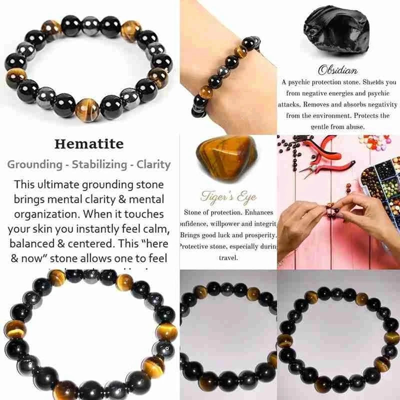 Hematite bracelet with tiger's eye and obsidian, featuring text on properties and uses.