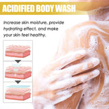 Hand washing with soapy water and text about acidified body wash benefits.