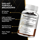 Supplement bottle with label detailing Shilajit formula breakdown on a black background