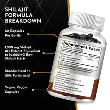 Supplement bottle with label detailing Shilajit formula breakdown on a black background