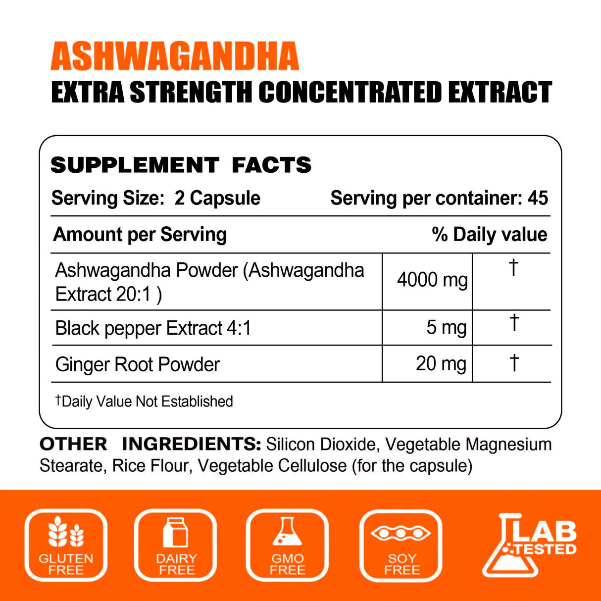 Supplement label for Ashwagandha Extra Strength Concentrated Extract with ingredient list and lab testing information.
