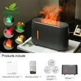 Black flame diffuser with colorful light effects on a table, featuring Kinscoter brand.
