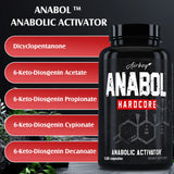 Black supplement bottle labeled 'Anabol Hardcore' with ingredients listed on a dark background