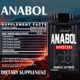 Supplement bottle labeled 'Anabol Hardcore' with supplement facts on a dark background