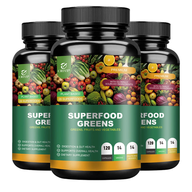 Four bottles of Superfood Greens supplement with colorful label on a white background