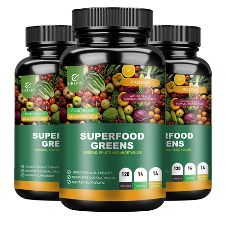 Four bottles of Superfood Greens supplement with colorful label on a white background