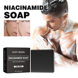 Niacinamide soap packaging with a man using it, showing 'Before' and 'After' effects.
