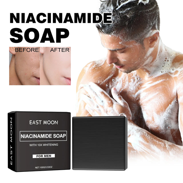 Niacinamide soap packaging with a man using it, showing 'Before' and 'After' effects.