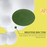 Product advertisement with green circle and text about skin tone brightening on a yellow and gray background.
