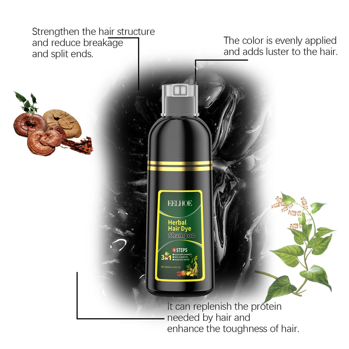 Herbal hair dye shampoo bottle with text highlighting benefits on a black and white background