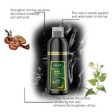 Herbal hair dye shampoo bottle with text highlighting benefits on a black and white background