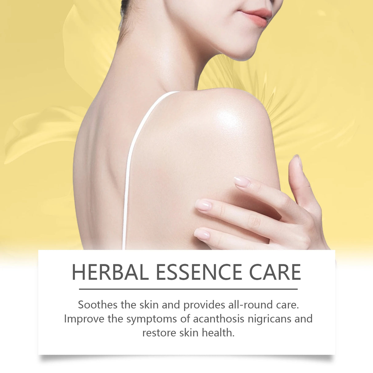 Woman's shoulder with text about herbal essence care on a yellow background