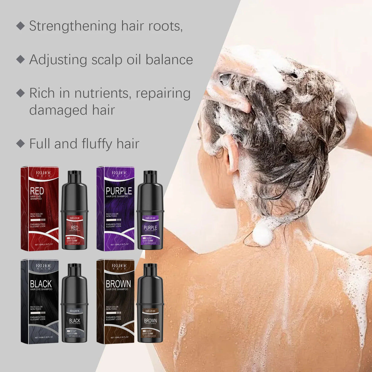 Person washing hair with shampoo, surrounded by hair care product boxes and bottles.