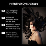Advertisement for herbal hair dye shampoo with a woman and text listing benefits.