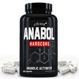Black supplement bottle labeled 'Anabol Hardcore' with white capsules on a white background