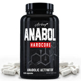 Black supplement bottle labeled 'Anabol Hardcore' with white capsules on a white background