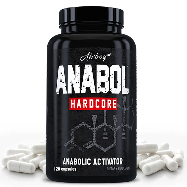 Black supplement bottle labeled 'Anabol Hardcore' with white capsules on a white background