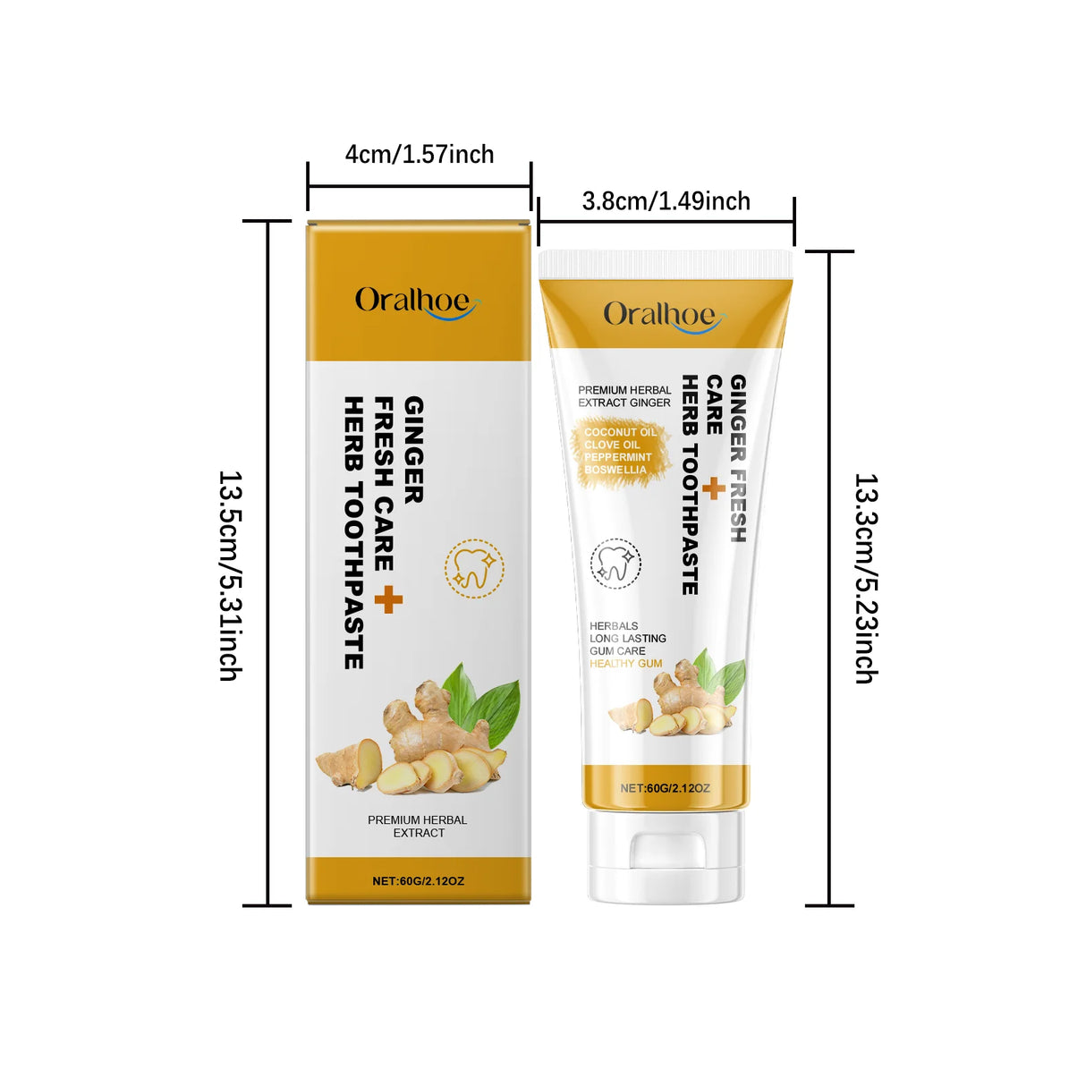 Oralhoo ginger fresh care toothpaste packaging with dimensions on a white background
