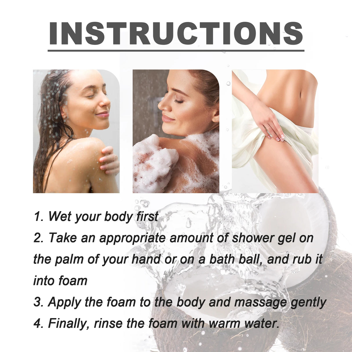 Instructions for using shower gel with images of a woman washing herself and applying foam.