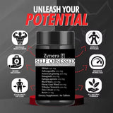 Supplement bottle labeled 'Zynera Self Obsessed' with promotional text and icons on a dark background