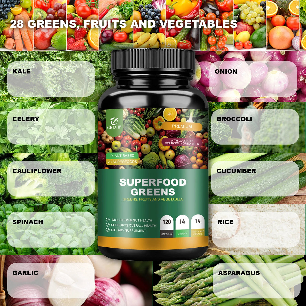 Supplement bottle labeled 'Superfood Greens' surrounded by images of fruits and vegetables with labels.