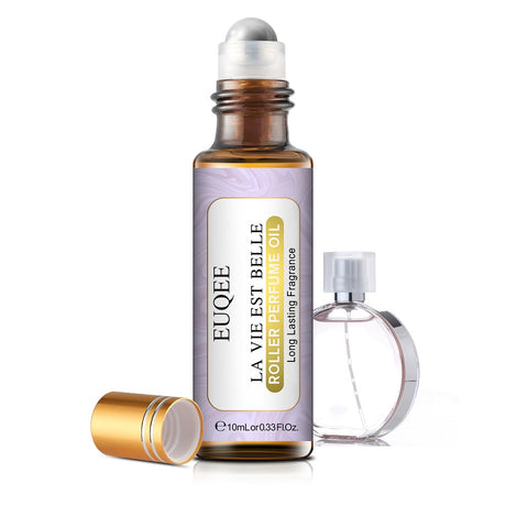 EUQEE roller bottle and clear bottle with cap on a white background