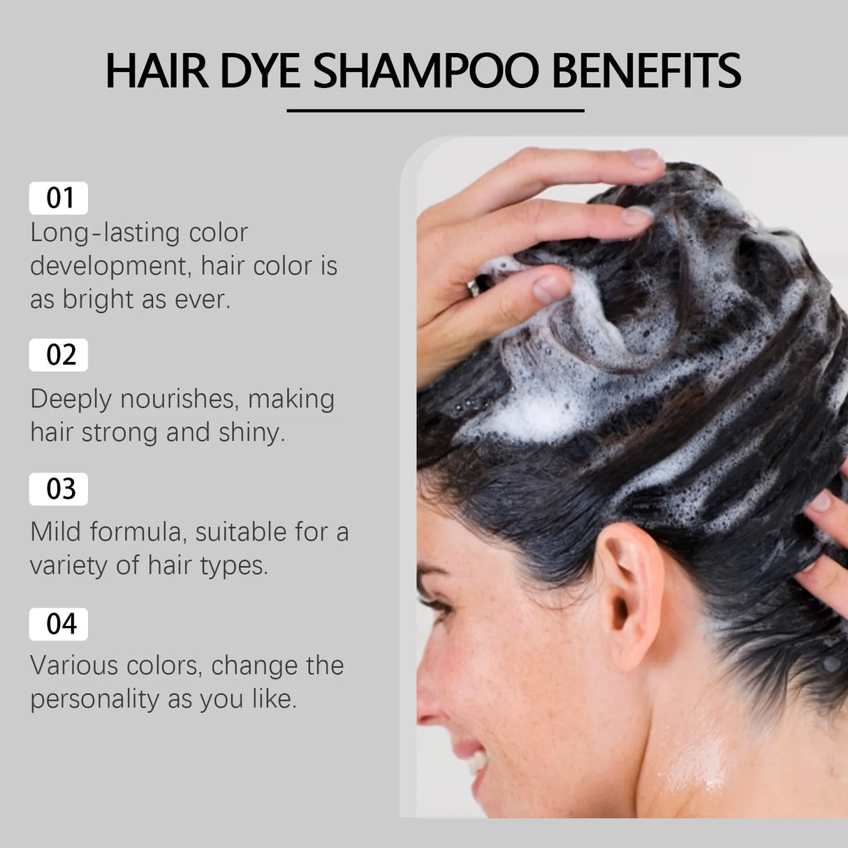 Person applying hair dye shampoo with text highlighting benefits on a gray background
