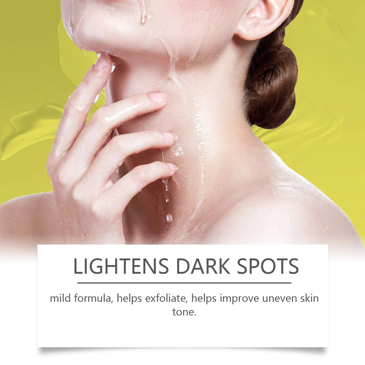 Product advertisement for skin lightening cream with a woman's neck and hand on a yellow background.