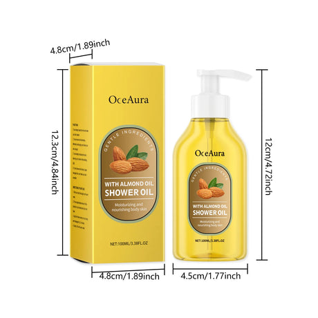 OceAura almond oil shower oil bottle and packaging with measurements on a white background