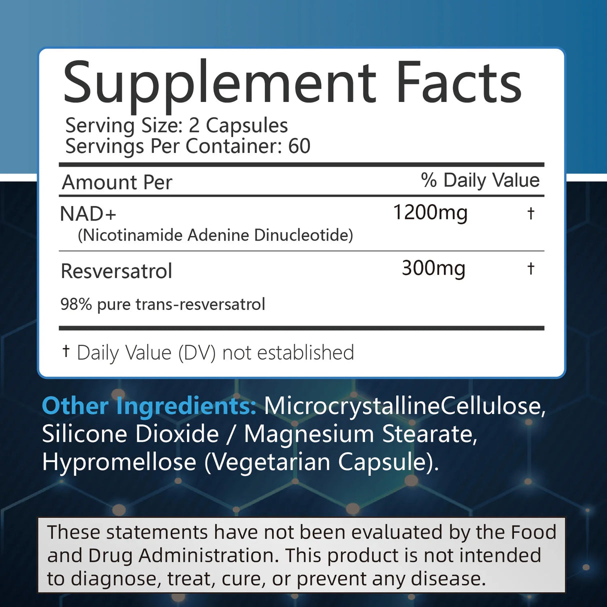 Supplement facts label with NAD+ and Resveratrol on a blue background