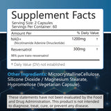 Supplement facts label with NAD+ and Resveratrol on a blue background