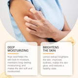Person holding arm with text on deep moisturizing and brightening skin benefits