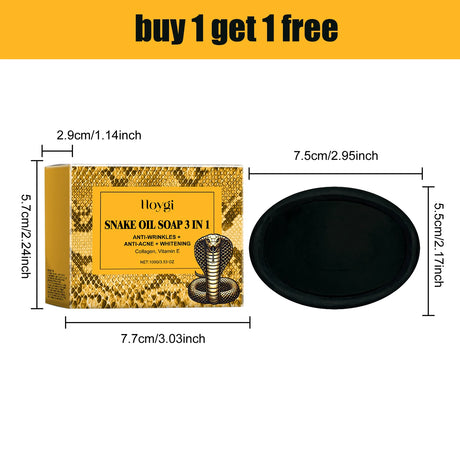 Hoygi Snake Oil Soap 3 in 1 packaging with dimensions and a black soap bar, on a white background.