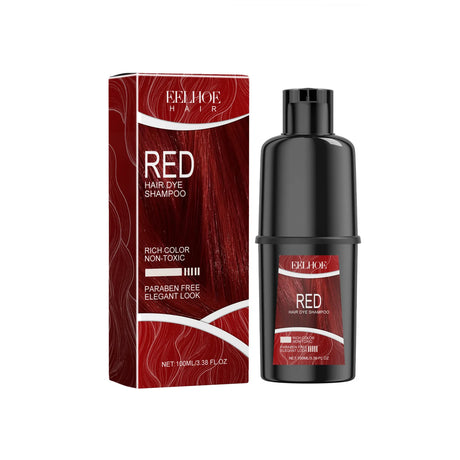 Red hair dye shampoo bottle and packaging on a white background