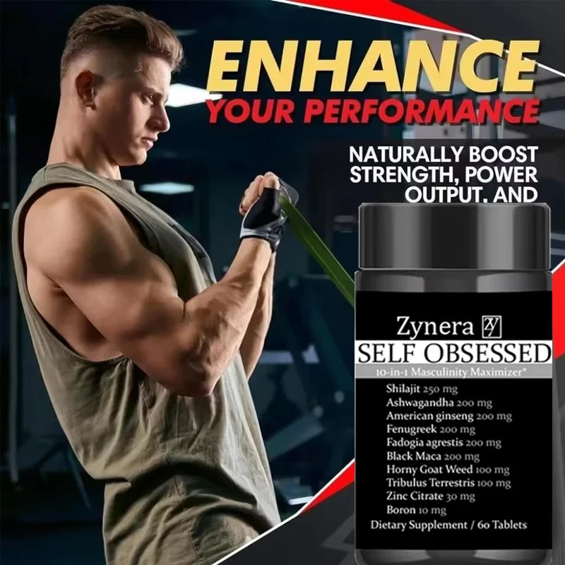 Man lifting weights with a Zynera supplement bottle labeled 'Self Obsessed' in a gym setting.