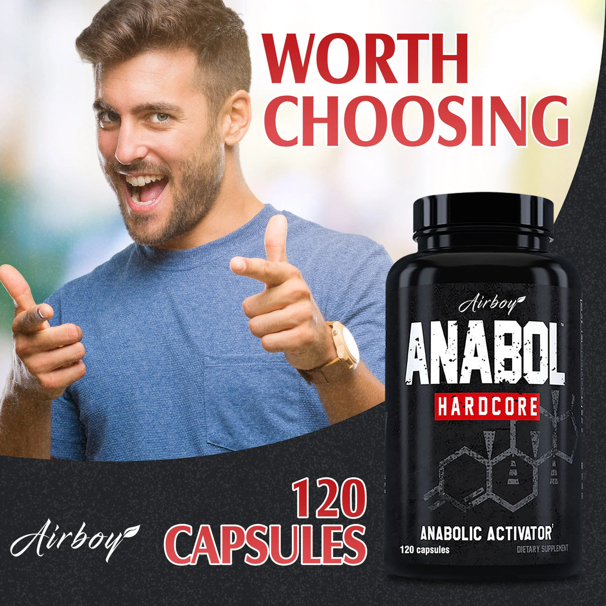 Man giving thumbs up next to anabol hardcore supplement bottle with promotional text.