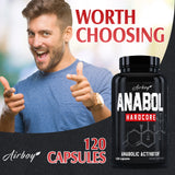 Man giving thumbs up next to anabol hardcore supplement bottle with promotional text.