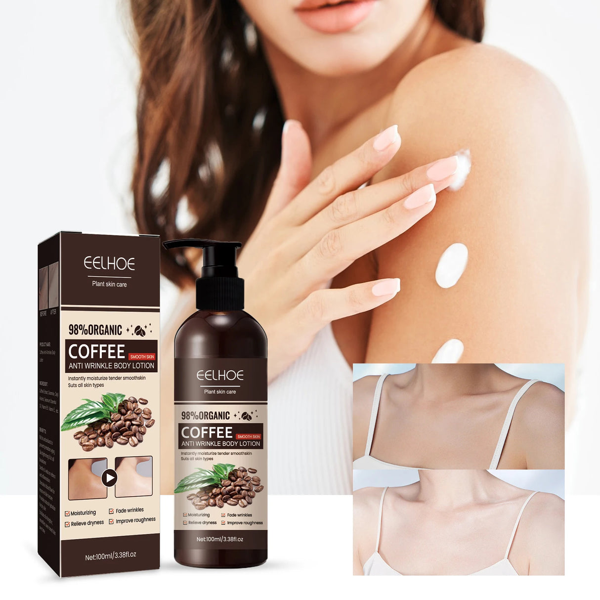 Eelhoe coffee anti-imperfection body lotion with packaging and application on skin.
