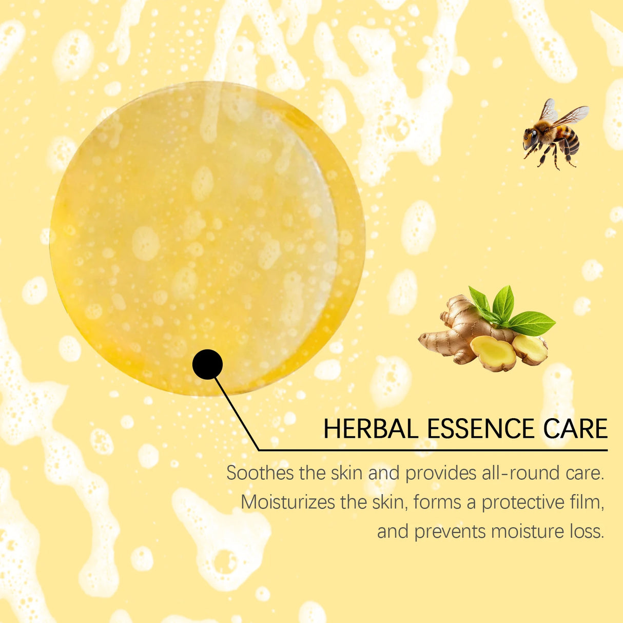 Yellow disc with honeycomb texture, bee, ginger root, and green leaves on a yellow background with text about herbal essence care.