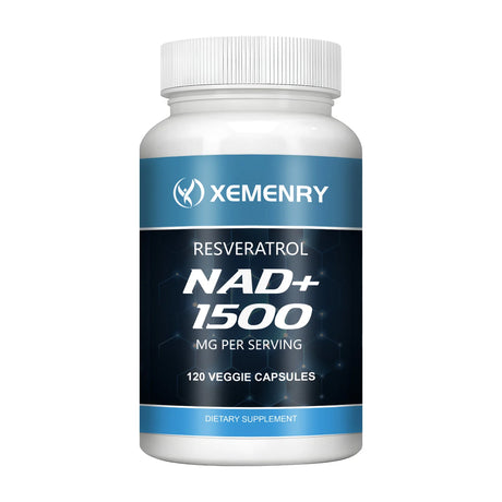 Supplement bottle labeled 'Xemenry NAD+ 1500' on a white background