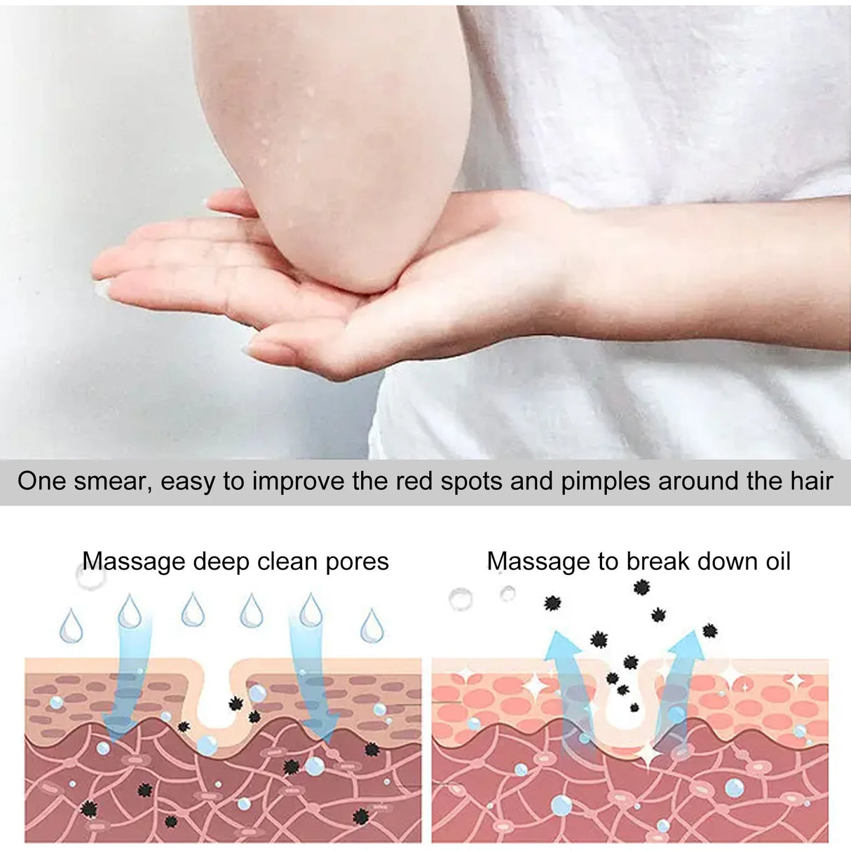 Illustration of a skincare product application with text explaining its benefits.