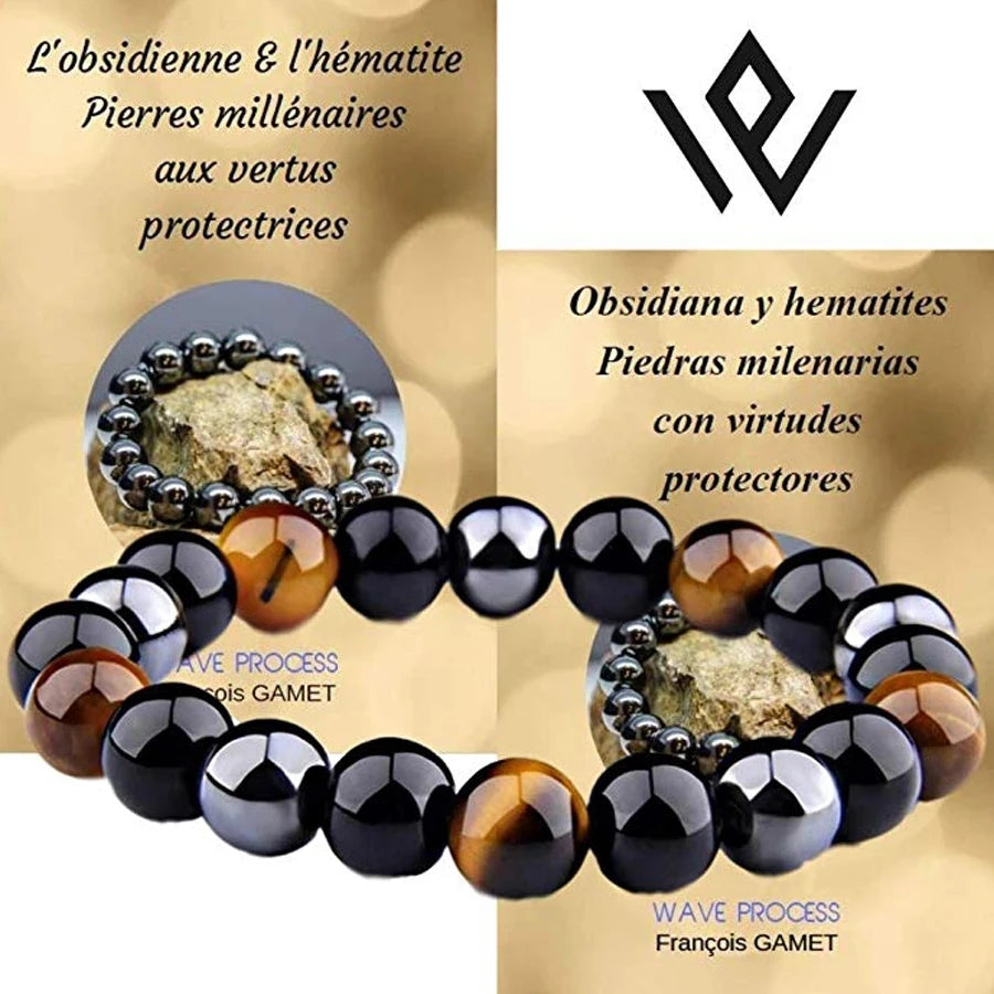 Bracelet with black and brown beads and stones, featuring branding and text about protective properties.