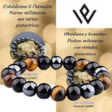 Bracelet with black and brown beads and stones, featuring branding and text about protective properties.