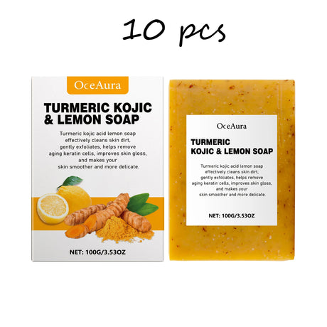 OceAura Turmeric Kojic & Lemon Soap packaging and bar on a white background