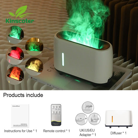 Kinscoter humidifier with green mist on a wooden surface, surrounded by product packaging.