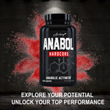 Black supplement bottle labeled 'Anabol Hardcore' with red powder splash on a dark background