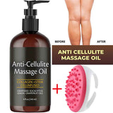 Anti-cellulite massage oil bottle with pump, roller, and 'before'/'after' comparison of legs.