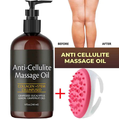 Anti-cellulite massage oil bottle with pump, roller, and 'before'/'after' comparison of legs.