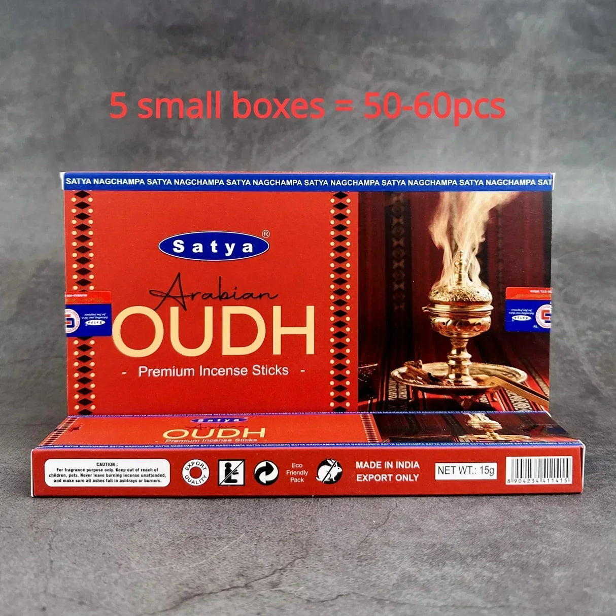 Box of Satya Arabian Oudh premium incense sticks on a gray background