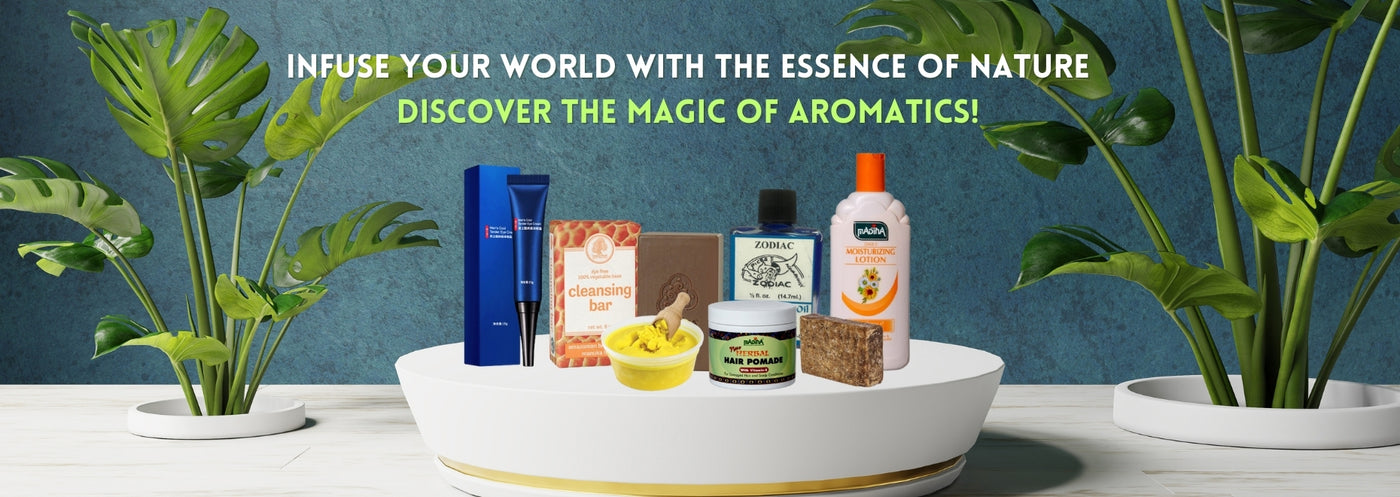 Cosmetic products on a table with plants and promotional text about nature and aromatics.